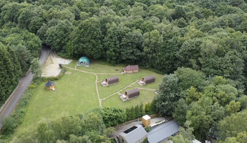 Aerial view of Holme Valley Camping & Caravan Park glamping site, West Yorkshire
